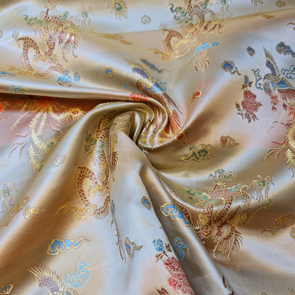 Gold Oriental Chinese Embroidery Brocade Fabric – Poly Silk Satin Jacquard – 36” Wide – Traditional Costume & Craft Material (By the Metre)