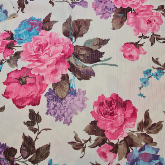 White Floral Stripe Ribbed Poly Viscose Stretch Jersey Floral Print Dress Craft Fabric
