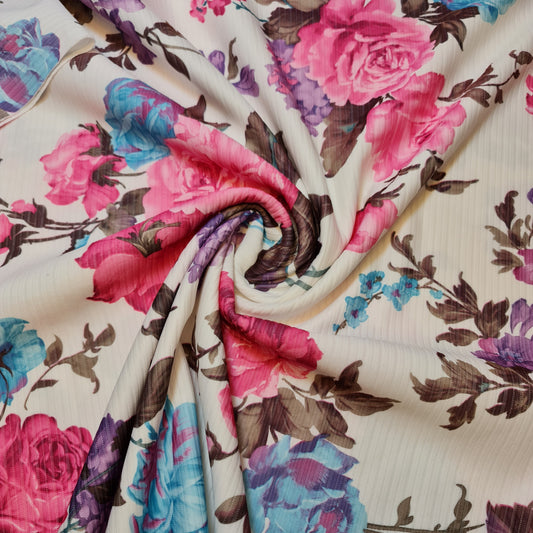White Floral Stripe Ribbed Poly Viscose Stretch Jersey Floral Print Dress Craft Fabric
