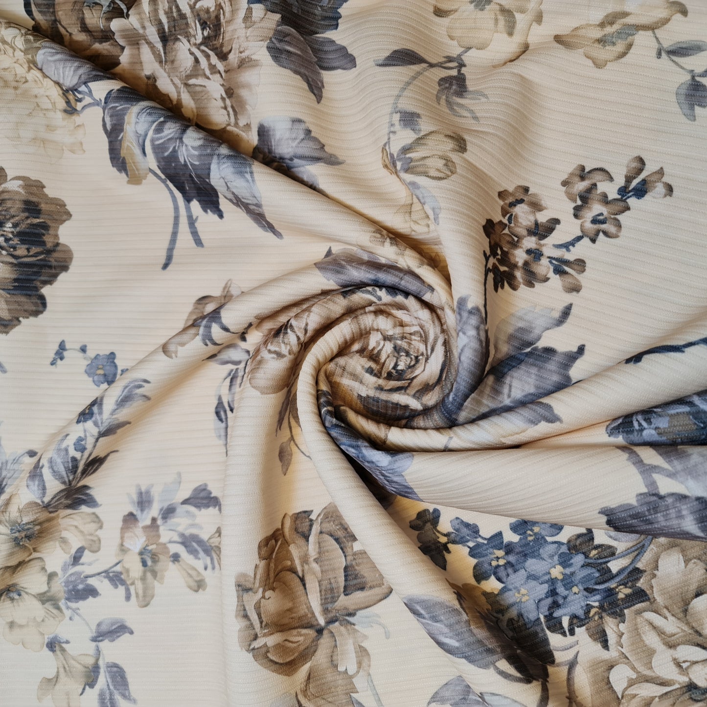 Cream Floral Stripe Ribbed Poly Viscose Stretch Jersey Floral Print Dress Craft Fabric