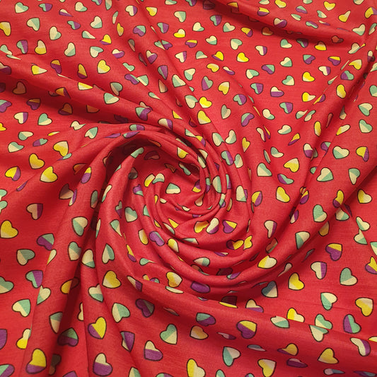 Red Multi Heart Crepe Printed Fabric Sewing Craft Spot Quilting Dress Material 58" By Meter