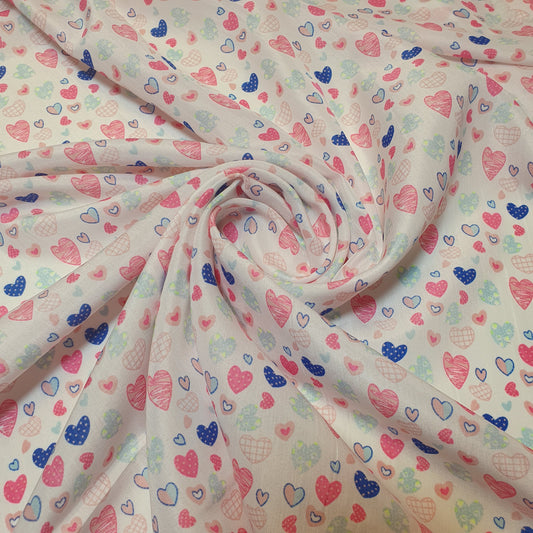 White Multi Heart Crepe Printed Fabric Sewing Craft Spot Quilting Dress Material 58" By the Meter