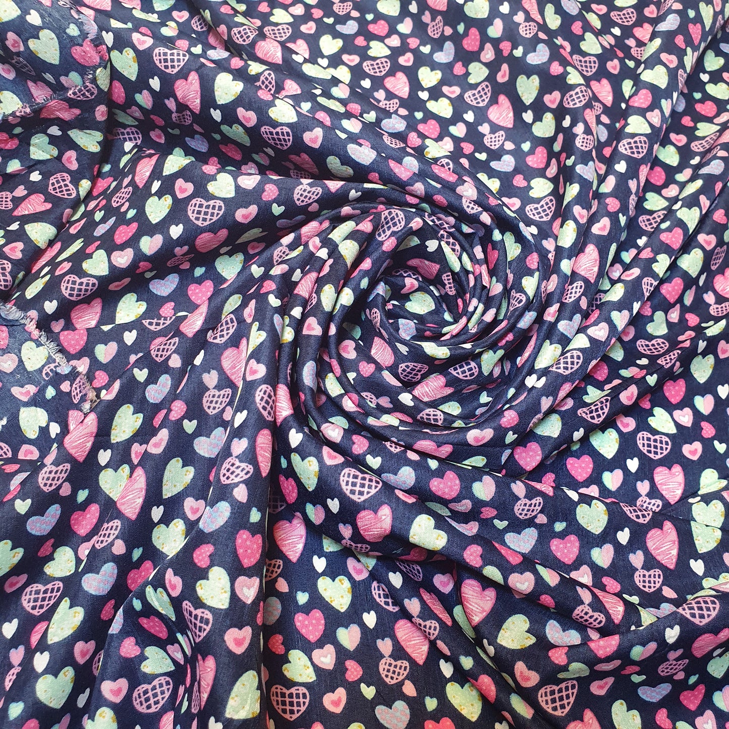 Navy Multi Heart Crepe Printed Fabric Sewing Craft Spot Quilting Dress Material 58" By the Meter