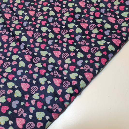 Navy Multi Heart Crepe Printed Fabric Sewing Craft Spot Quilting Dress Material 58" By the Meter