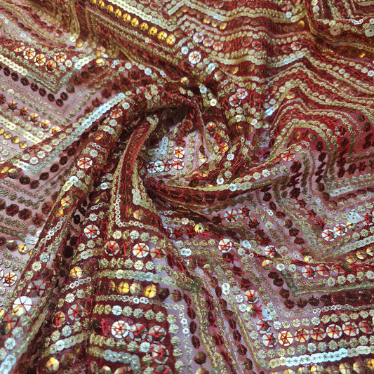 Sabyasachi Net Lehnga Kleiderstoff, Pailletten-Glitzerstoff, 111,8 cm, Designer-Kleiderstoff (Dunkelrot)