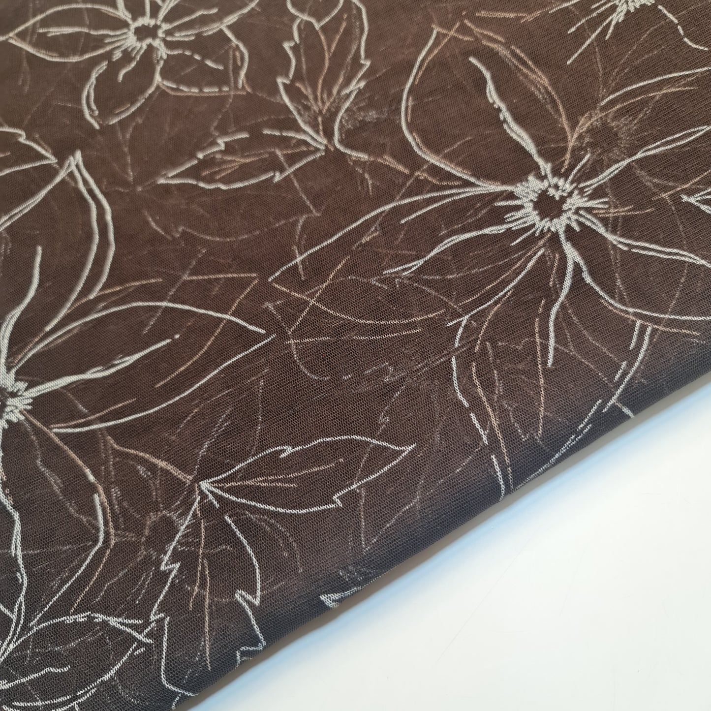 Brown Floral Power Mesh Net Fabric – 4 Way Stretch, Soft Lightweight Mesh for Lingerie, Activewear & Dancewear