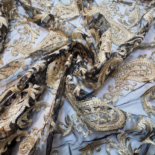 Deep Plum Golden Paisley Stickerei Mesh Netz Stoff Kleid Handwerk Drape Material 58" pro Meter
