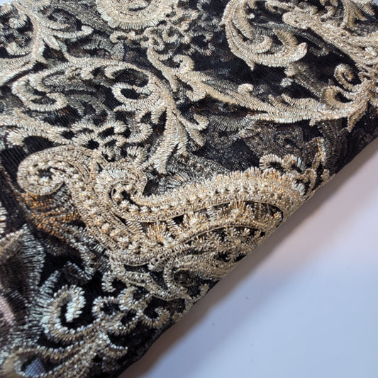 Black Golden Paisley Embroidery Mesh Net Fabric Dress Craft Drape Material 58" By The Meter