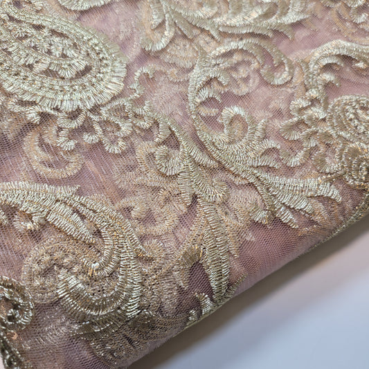 Dusty Pink Golden Paisley Embroidery Mesh Net Fabric Dress Craft Drape Material 58" By The Meter
