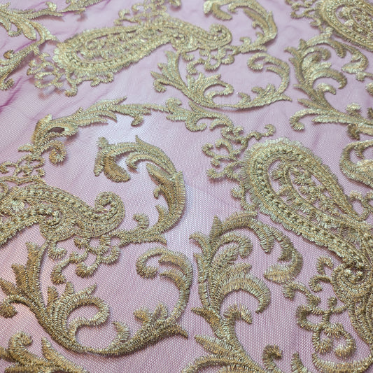 Maroon Golden Paisley Stickerei Mesh Netz Stoff Kleid Handwerk Drape Material 58" pro Meter