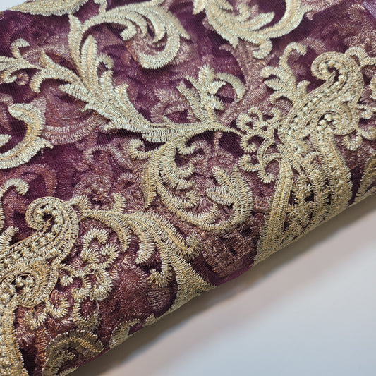 Maroon Golden Paisley Embroidery Mesh Net Fabric Dress Craft Drape Material 58" By The Meter