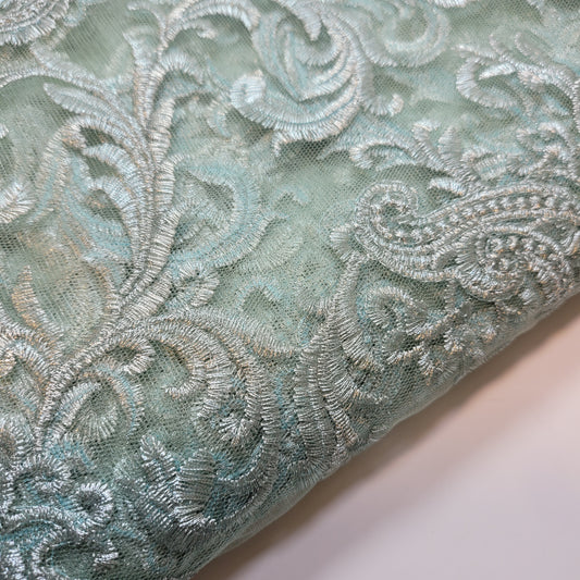 MInt Silver Paisley Embroidery Mesh Net Fabric Dress Craft Drape Material 58" By The Meter