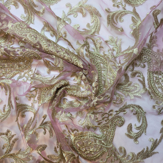 Deep Plum Golden Paisley Stickerei Mesh Netz Stoff Kleid Handwerk Drape Material 58" pro Meter