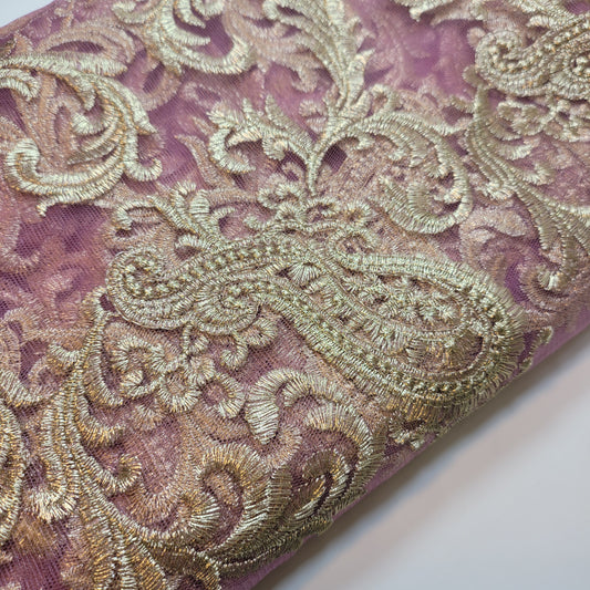 Magenta Golden Paisley Embroidery Mesh Net Fabric Dress Craft Drape Material 58" By The Meter