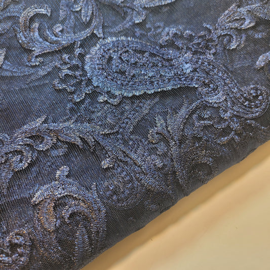 Navy Paisley Embroidery Mesh Net Fabric Dress Craft Drape Material 58" By The Meter