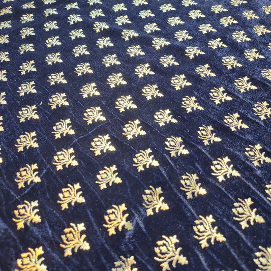 Navy Blue Gold Foil Emblem 3 Crown Triple Velvet Fabric Dress Craft Décor Material 44" By The Meter
