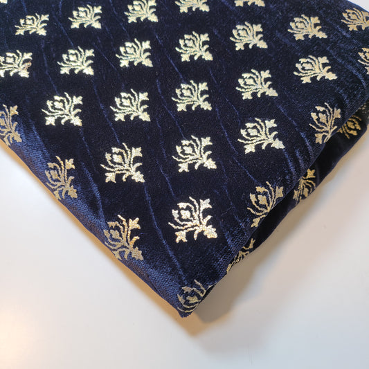 Navy Blue Gold Foil Emblem 3 Crown Triple Velvet Fabric Dress Craft Décor Material 44" By The Meter