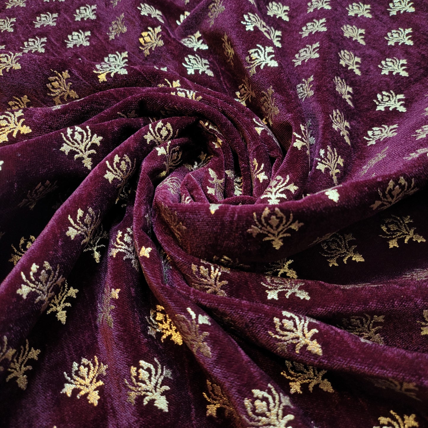 Plum Gold Foil Emblem 3 Crown Triple Velvet Fabric Dress Craft Décor Material 44" By The Meter