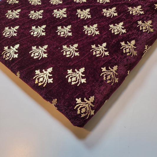 Plum Gold Foil Emblem 3 Crown Triple Velvet Fabric Dress Craft Décor Material 44" By The Meter