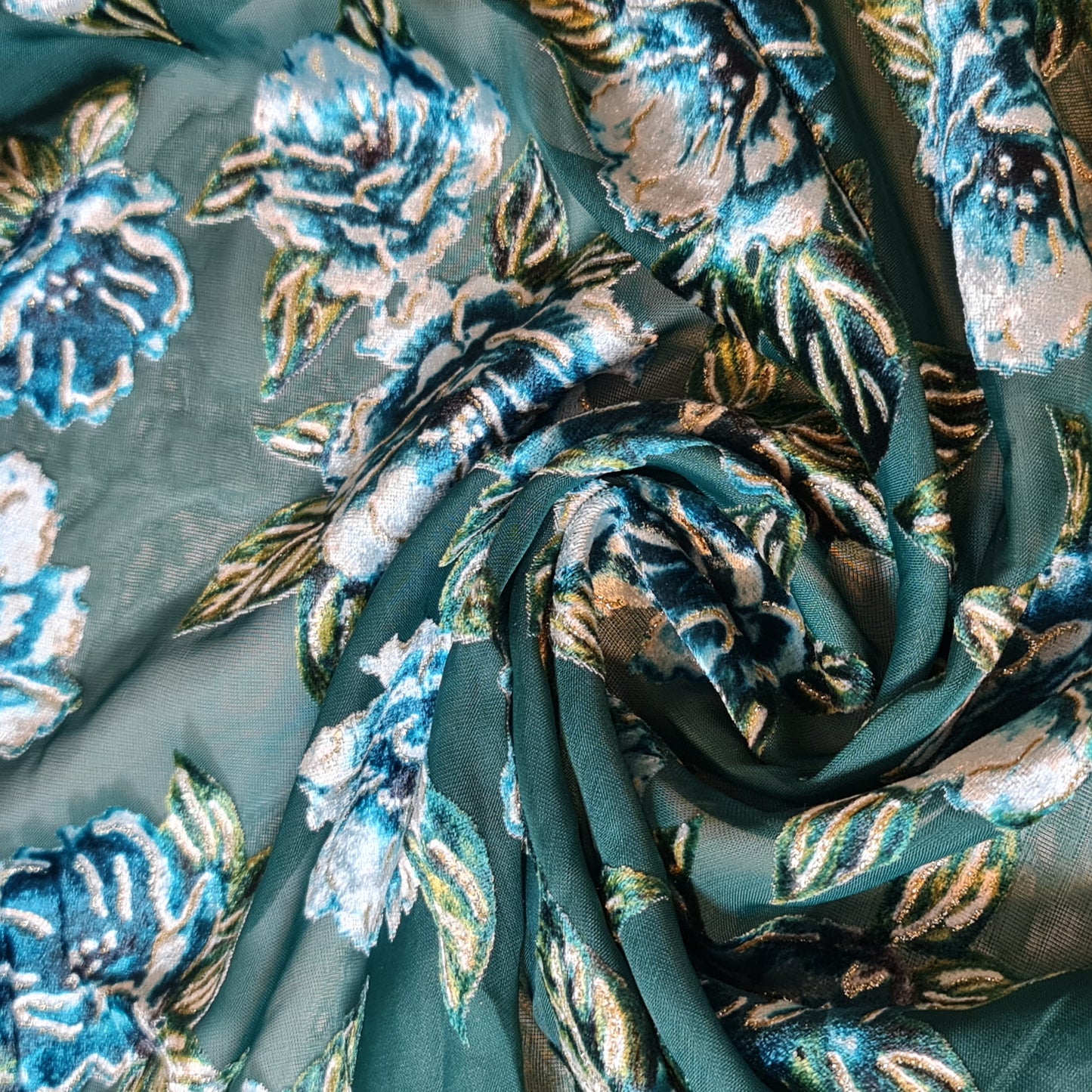 Blue Floral Chiffon Devore Fabric – Textured Burnout Velvet Flower Material by the Meter