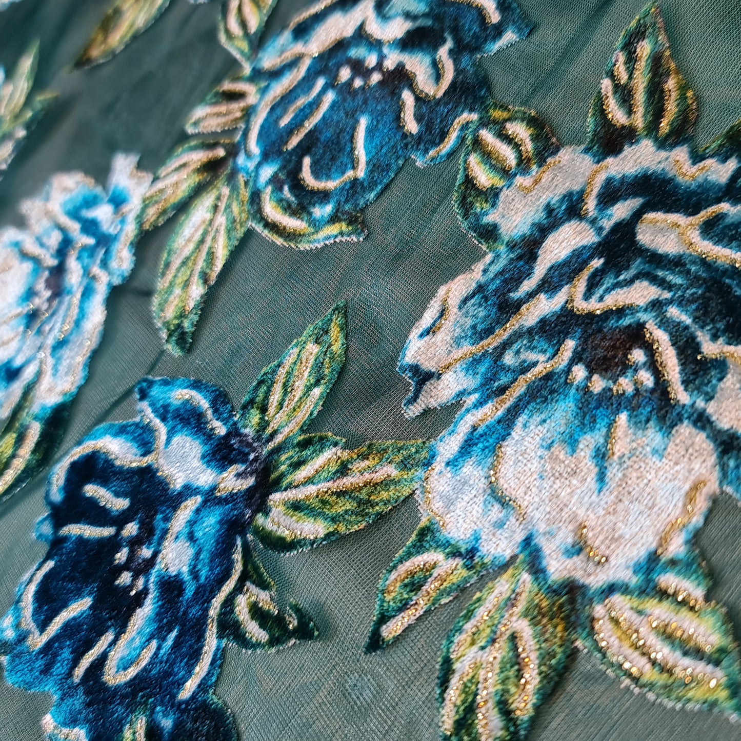 Blue Floral Chiffon Devore Fabric – Textured Burnout Velvet Flower Material by the Meter
