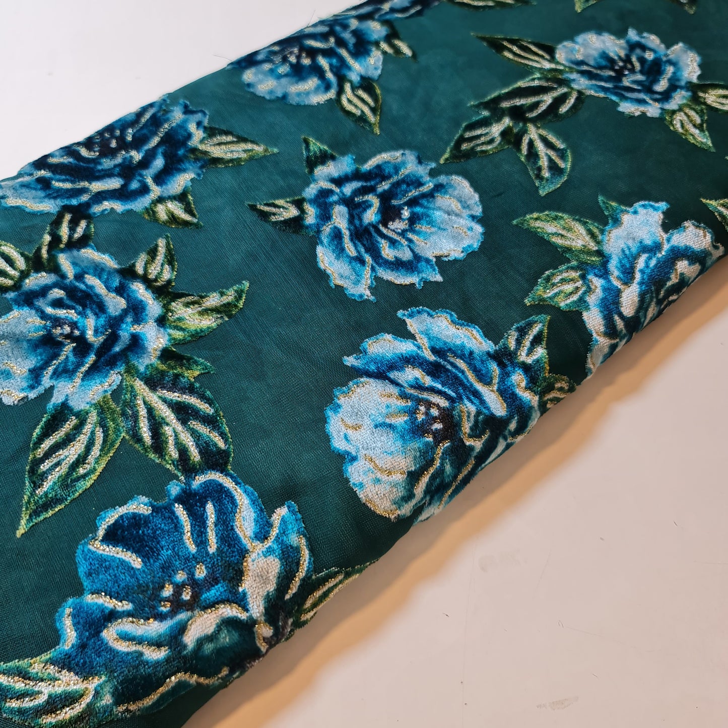Blue Floral Chiffon Devore Fabric – Textured Burnout Velvet Flower Material by the Meter