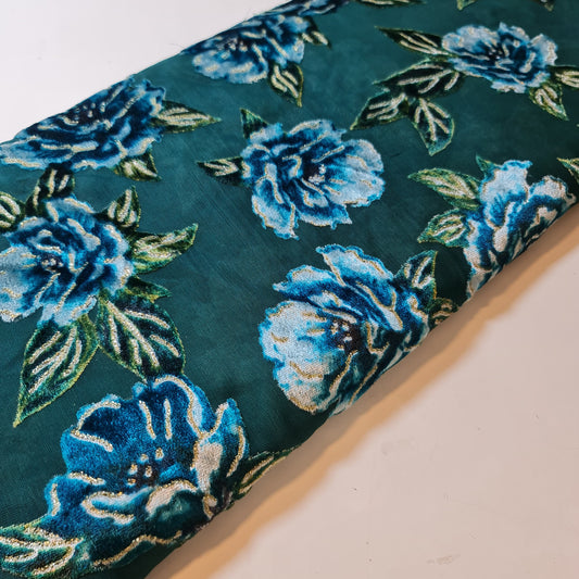 Blue Floral Chiffon Devore Fabric – Textured Burnout Velvet Flower Material by the Meter