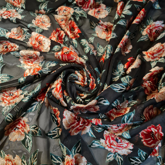 Black Red Floral Chiffon Devore Fabric – Textured Burnout Velvet Flower Material by the Meter