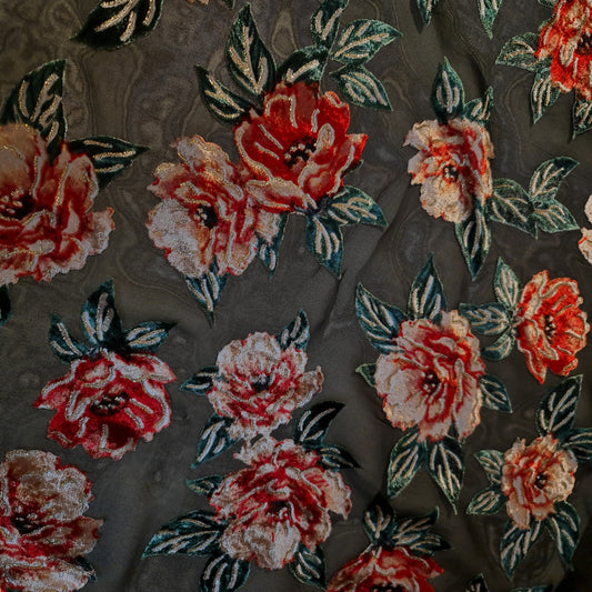 Black Red Floral Chiffon Devore Fabric – Textured Burnout Velvet Flower Material by the Meter