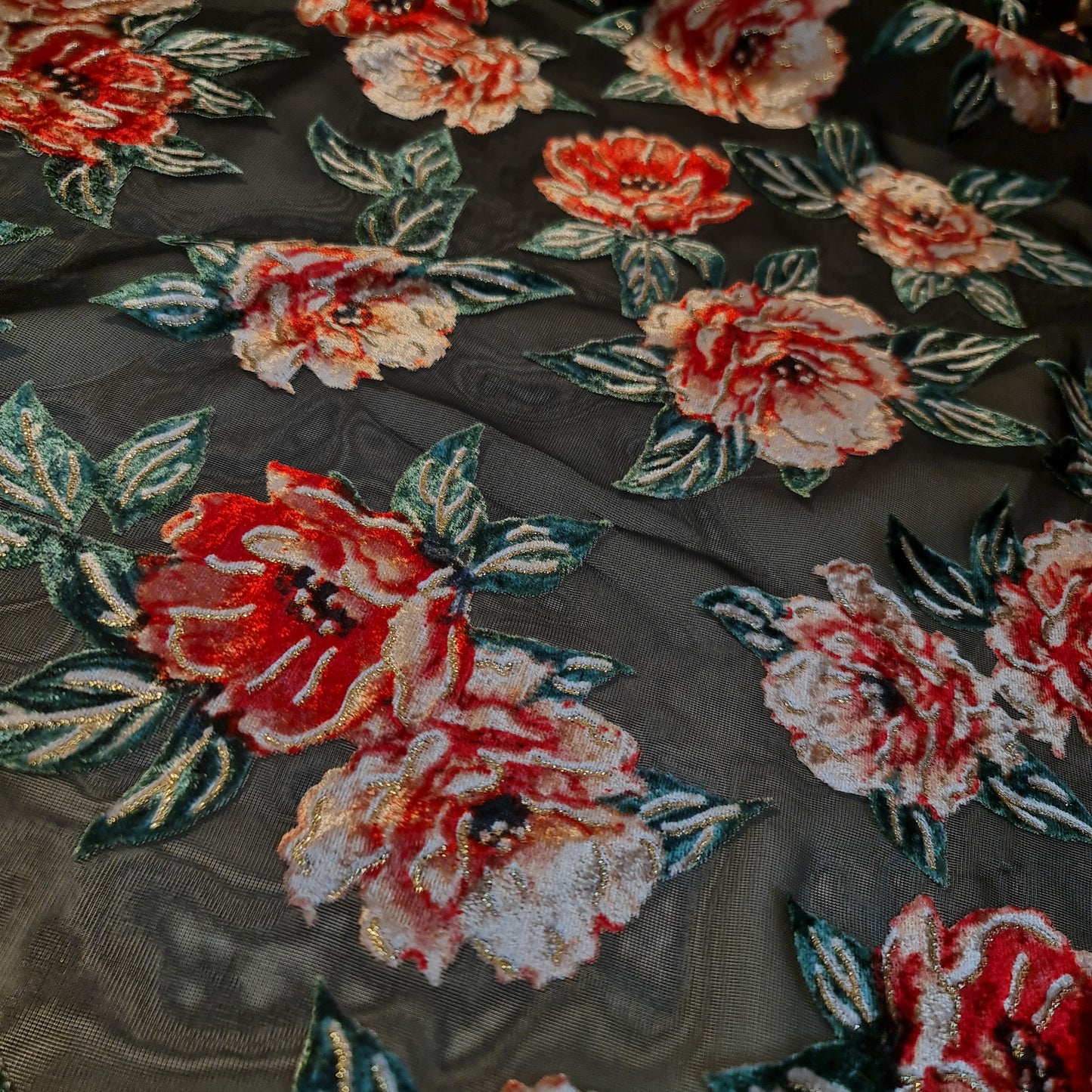 Black Red Floral Chiffon Devore Fabric – Textured Burnout Velvet Flower Material by the Meter