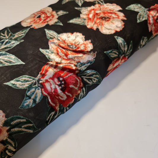Black Floral Burnout Velvet Mesh Fabric – Devoré Rose Sheer Dress Fabric 58" Wide | Luxury Evening Fabric | Sold by the Metre