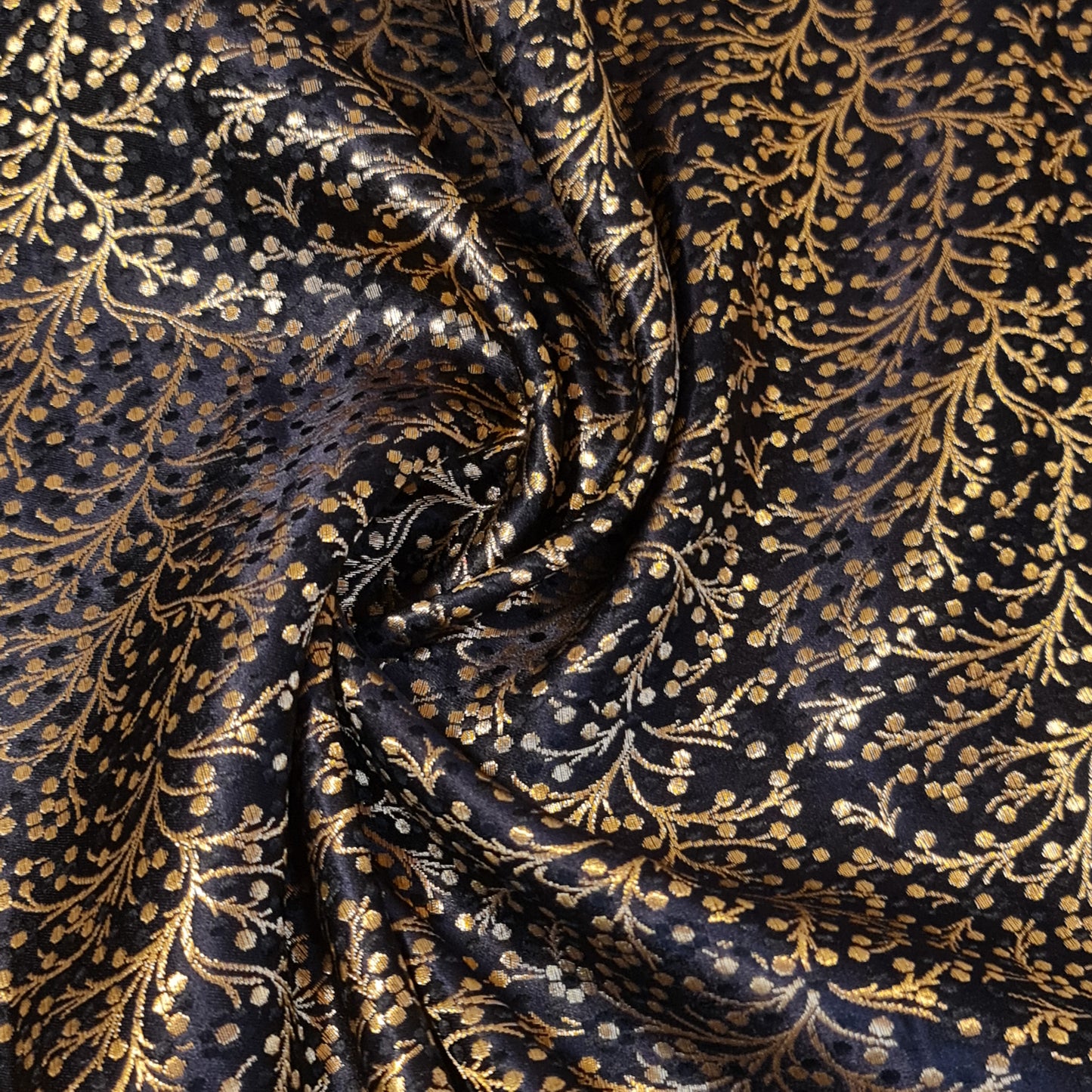 Black Ditsy Floral Brocade Jacquard Banarasi Fabric – 44” Wide – Indian Dress, Craft, Costume & Curtain Material (By the Meter)