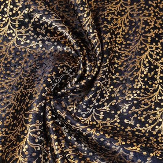 Black Ditsy Floral Brocade Jacquard Banarasi Fabric – 44” Wide – Indian Dress, Craft, Costume & Curtain Material (By the Meter)