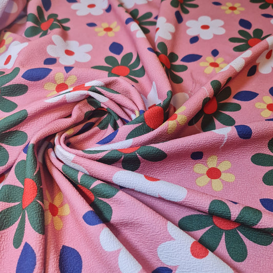 Pink Floral Scuba Crepe Fabric – Stretch Dressmaking Material by the Meter (58” Wide)