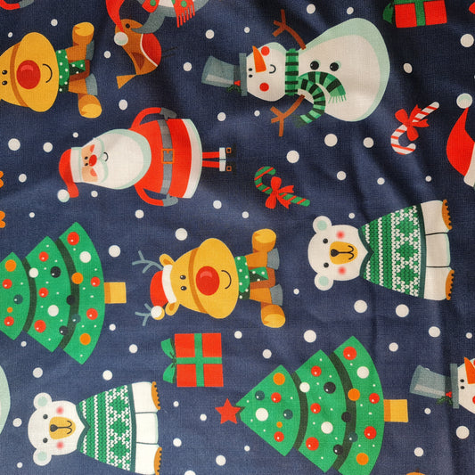 Navy Snowman Christmas Print Polycotton Fabric 58" Dress Craft Quilting Costume Material By The Meter