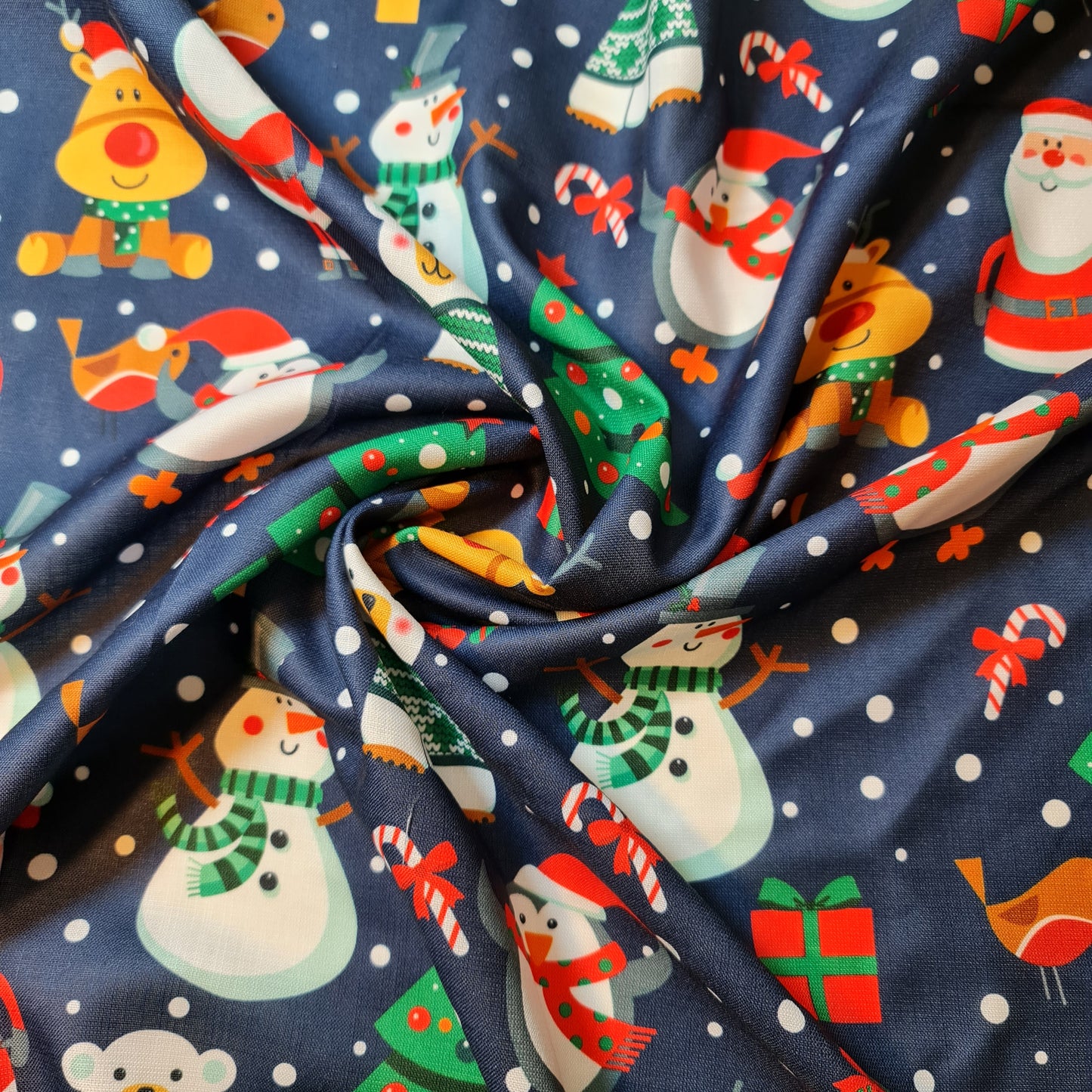 Navy Snowman Christmas Print Polycotton Fabric 58" Dress Craft Quilting Costume Material By The Meter