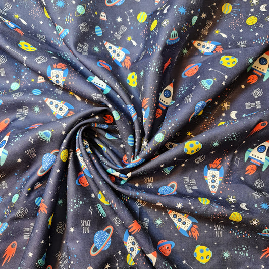Navy Galaxy & Solar System Print Polycotton Fabric 58" Dress Craft Quilting Costume Material By The Meter