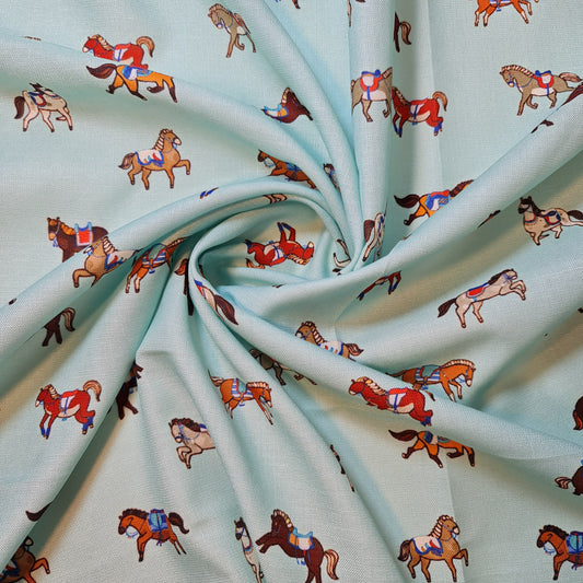 Mint Galloping Horses Print Polycotton Fabric 58" Dress Craft Quilting Costume Material By The Meter
