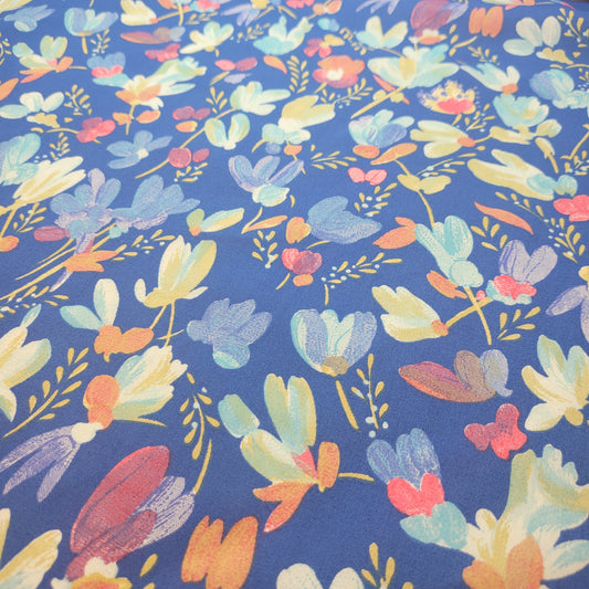 Blue Floral 100% Cotton Vintage Material Novelty Floral Dress Craft Quilting Fabric 44" By The Meter