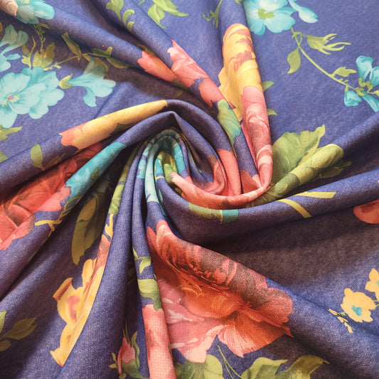 Bold Floral Polyester Fabric – Blue Background with Multicolor Blooms | Lightweight Woven Fabric by the Meter (58” Wide)