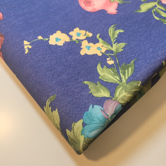 Bold Floral Polyester Fabric – Blue Background with Multicolor Blooms | Lightweight Woven Fabric by the Meter (58” Wide)