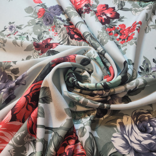 Floral Scuba Fabric – Soft Mint Background with Red & Green Blooms | Stretch Dress Fabric by the Meter (58” Wide)