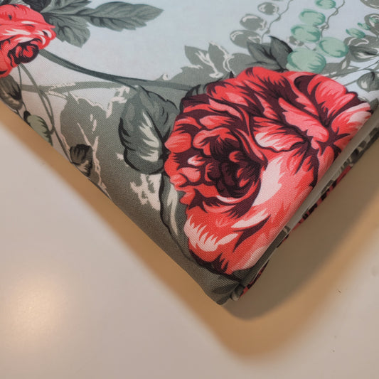 Floral Scuba Fabric – Soft Mint Background with Red & Green Blooms | Stretch Dress Fabric by the Meter (58” Wide)