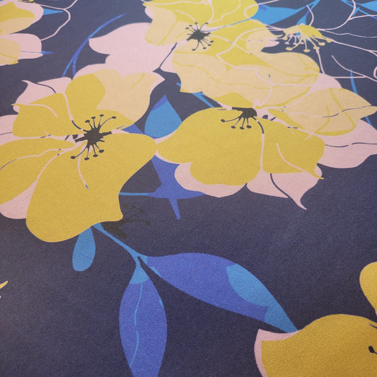 Scuba Crepe Fabric – Bold Yellow Floral Print on Navy | Stretch Crepe Fabric by the Meter (58” Wide)
