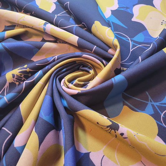 Scuba Crepe Fabric – Bold Yellow Floral Print on Navy | Stretch Crepe Fabric by the Meter (58” Wide)