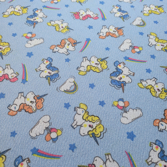Scuba Crepe Fabric – Cute Cartoon Unicorn Print on Blue | Stretch Fabric by the Meter (58” Wide)