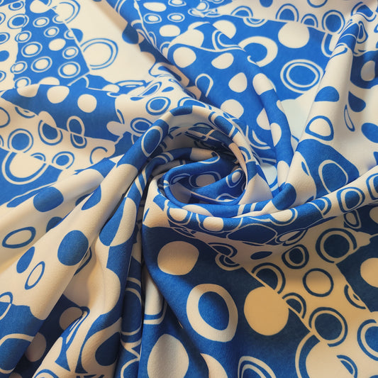 Scuba Crepe Fabric – Bold Blue & White Geometric Circles | Stretch Fabric by the Meter (58” Wide)