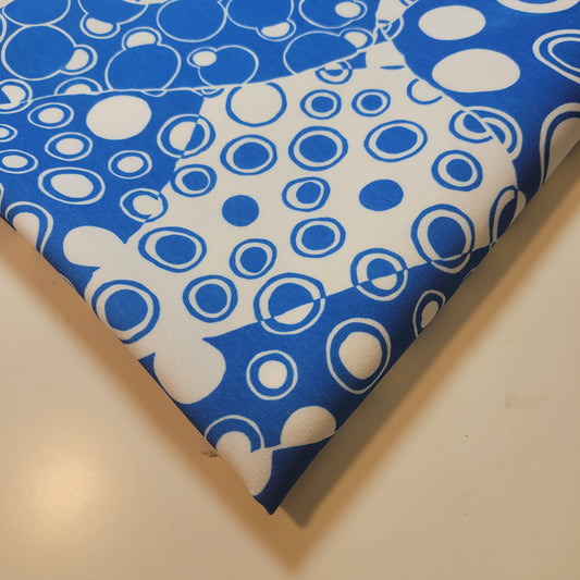 Scuba Crepe Fabric – Bold Blue & White Geometric Circles | Stretch Fabric by the Meter (58” Wide)