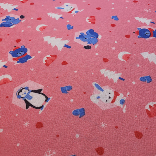 Scuba Crepe Fabric – Winter Animals & Snow Print on Pink | Stretch Fabric by the Meter (58” Wide)
