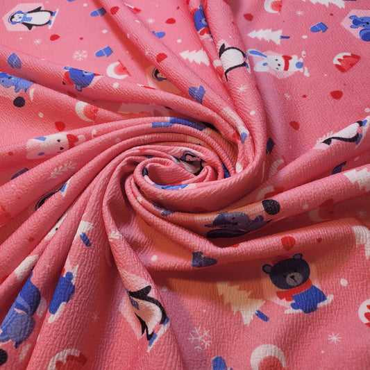 Scuba Crepe Fabric – Winter Animals & Snow Print on Pink | Stretch Fabric by the Meter (58” Wide)